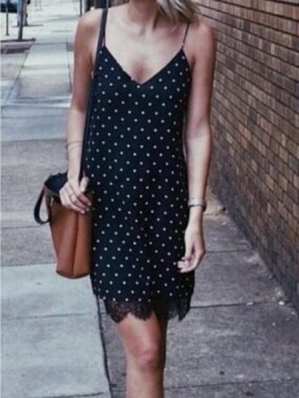 H&M Black Polka Dot Slip Dress with Lace Trim be neck size L